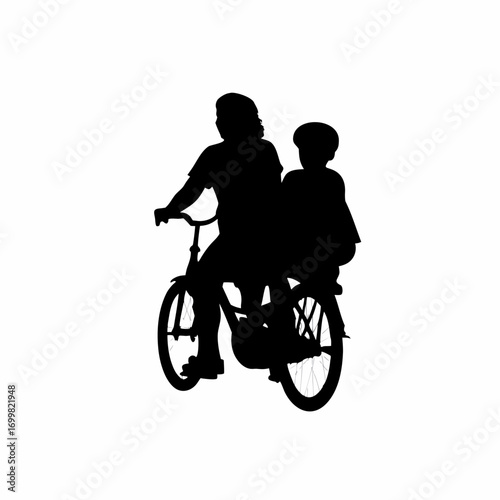 Silhouette of siblings sharing one bicycle ride isolated on white background