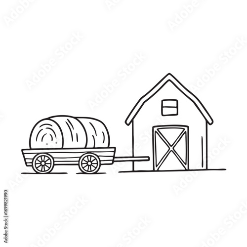 An illustration of wagon near a barn with a bundle of hay