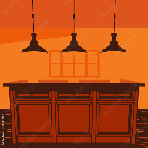 Minimalist kitchen interior with pendant lighting illustration
