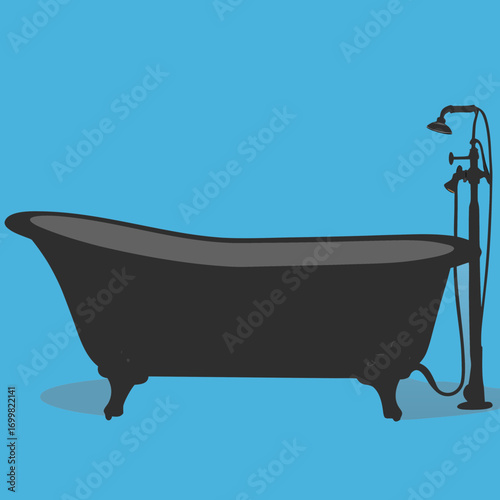 Vintage clawfoot bathtub silhouette on blue background
