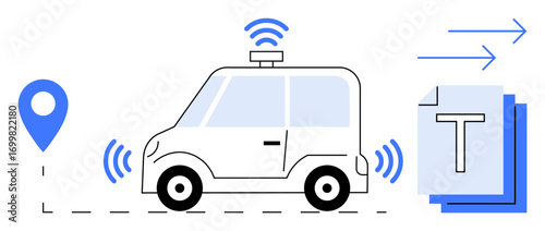 Self-driving car with wireless signals, map pin, motion arrows, and data transfer icons. Ideal for technology, innovation, transportation, artificial intelligence, automation GPS navigation simple
