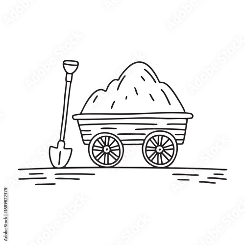 An illustration of wagon on a farm road with a shovel
