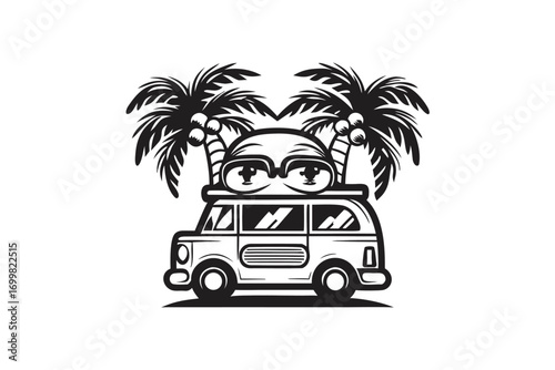 Retro Van Car with Sunglasses and Palm Trees on White Background Design