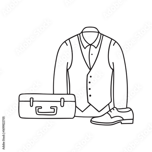 An illustration of waistcoat near a suitcase with leather shoes