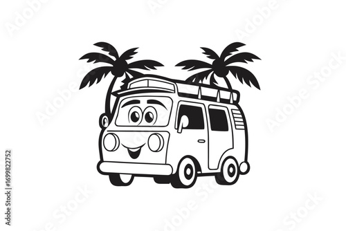Retro Van Cartoon Character with Palm Trees on White Background, Line Art Style
