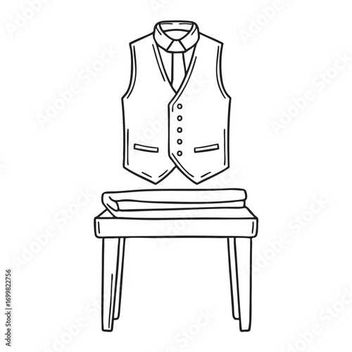 An illustration of waistcoat on a chair with a folded jacket
