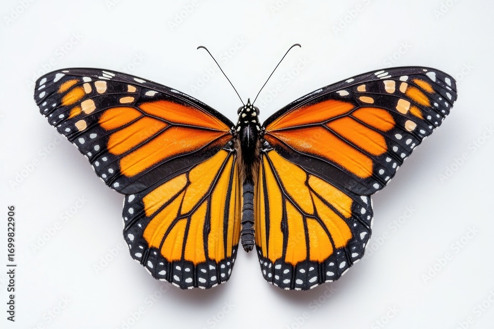 Fototapeta premium A vibrant monarch butterfly with orange and black wings, showcasing intricate wing patterns against a white background.