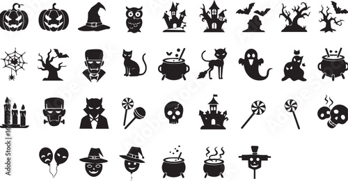 Spooky Halloween icons set for festive designs, invitations, and party decorations, creating a fun, eerie atmosphere with classic holiday symbols