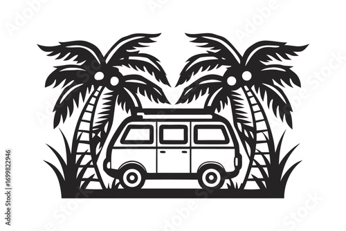 Wallpaper Mural Retro Van with Palm Trees, Clouds, and Circle Frame, on White Torontodigital.ca