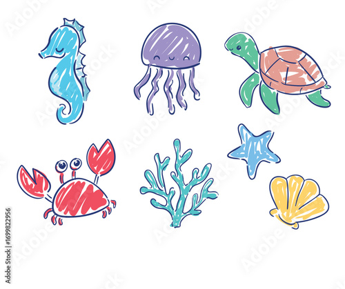 Hand Drawn Set of Cute Sea Animals Seahorse Jellyfish Turtle Crab Coral Starfish Seashell in Sketch Style on White Vector 
