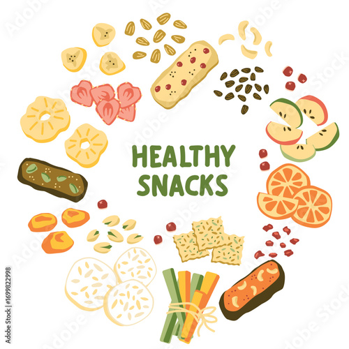 Vector set of healthy snacks illustrations: dried fruits, nuts, crackers, granola bars, veggie sticks, seeds and fresh fruit – colorful diet food design for menus, posters, packaging and stock project