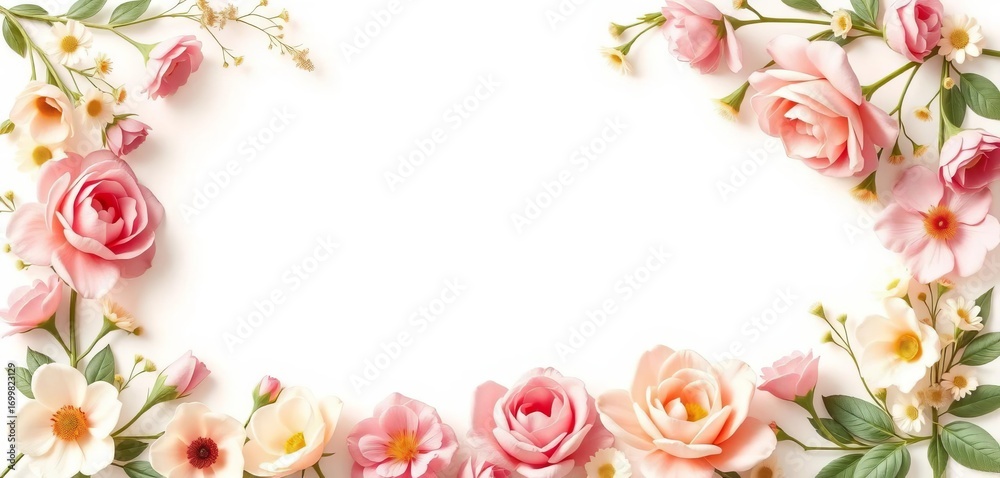 Fototapeta premium Elegant cream vintage floral frame with pastel blooms, perfect for invitations, spring, romantic