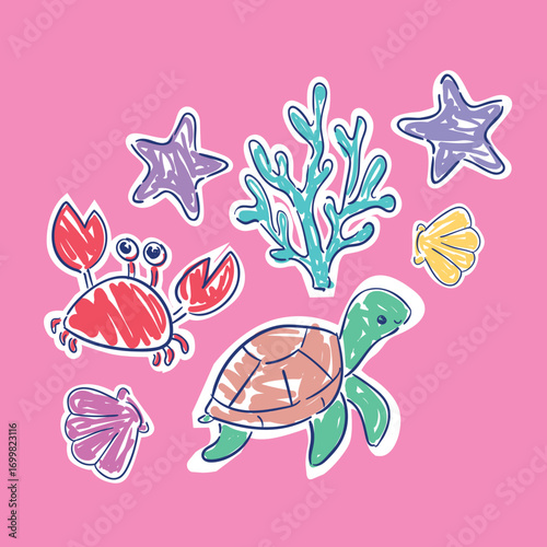 Hand Drawn New Trendy Print Turtle Coral Starfish Seashell, Print for Kids on Pink Background Sketch Style Vector