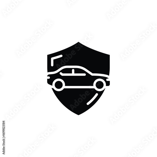 Shield and car icon. Simple glyph style. Safety, protect, safe, secure, vehicle, auto, transport, insurance concept. Silhouette, solid symbol. Isolated design.
