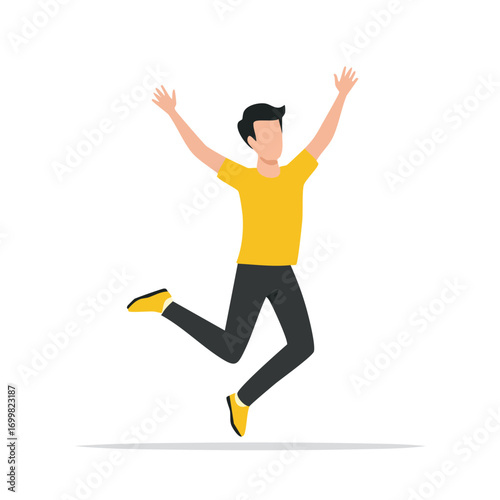 A cartoon illustration of a young man jumping with arms raised in the air, showing joy.