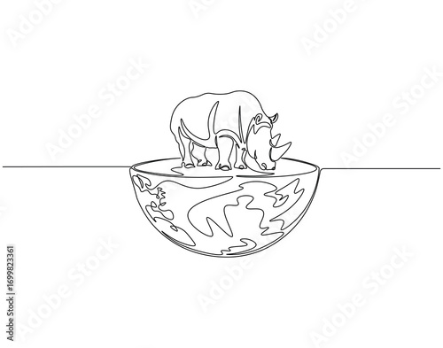 Continuous one line drawing of rhinoceros on top of globe. One line drawing illustration of rhino on globe. Protected animals concept single line. Editable outline