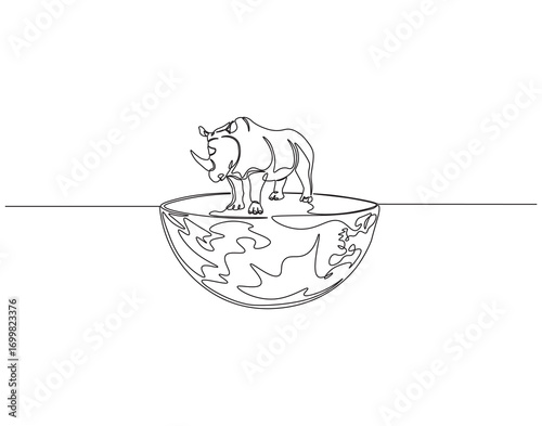 Continuous one line drawing of rhinoceros on top of globe. One line drawing illustration of rhino on globe. Protected animals concept single line. Editable outline