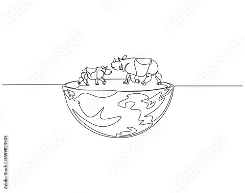 Continuous one line drawing of rhinoceros on top of globe. One line drawing illustration of rhino on globe. Protected animals concept single line. Editable outline