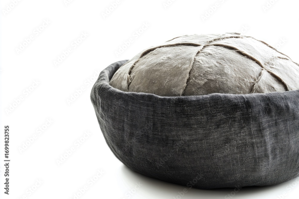 Obraz premium A round loaf of sourdough bread rests in a dark gray linen bread basket.