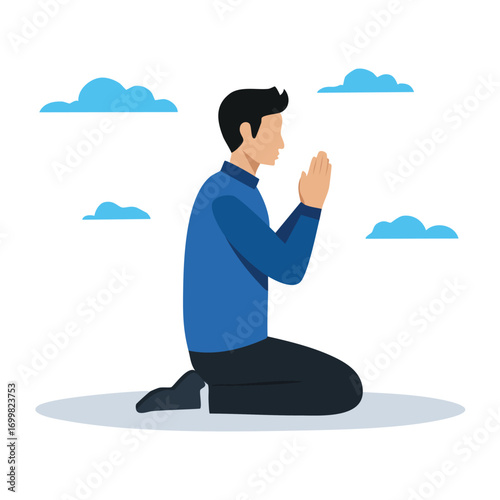 A stylized illustration of a man kneeling in prayer, with clouds in the background.