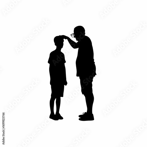 Son helping elderly father wear glasses silhouette isolated on white background