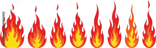 Eight flames illustrations, red and yellow, various heights.