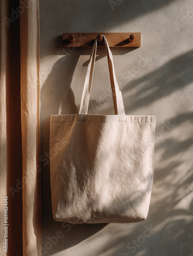 Neutral-toned reusable fabric tote bag hanging on a wooden wall peg in soft natural light