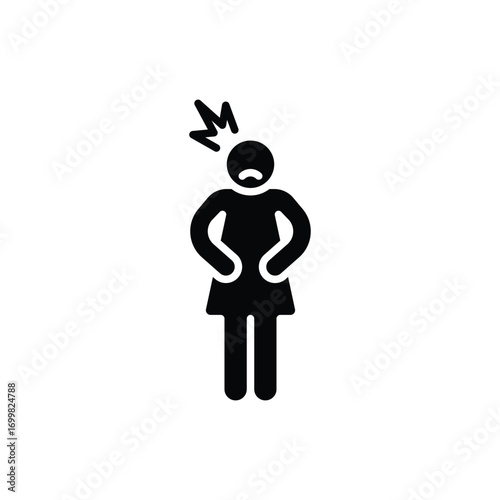 Hungry woman icon. Simple glyph style. Poor woman, hunger, stomach, pain, holding, person, abdominal, adult, constipation, sad people concept. Silhouette, solid symbol. Isolated design.