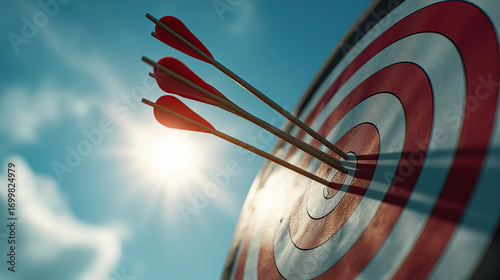 Three red arrow hitting archery target bullseye in sunlight, close up view with shadow and blue sky creating focused triumphant mood