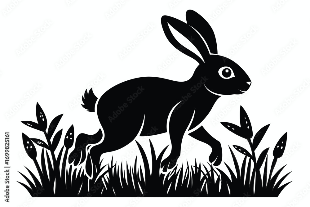 Obraz premium Running Hare Silhouette Wild Rabbit, Grass and Leaves, White Background