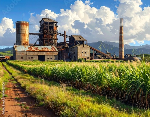Wallpaper Mural Rustic factory structures amidst a verdant agricultural field under cumulus clouds Torontodigital.ca