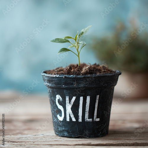 Young plant seedling growth skill concept in black pot with soil and wooden table background evoking hope and development, close up macro photography with soft blue bokeh and natural light