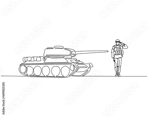 black line art tank and saluting soldier clip art preview