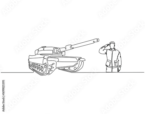 Continuous one line drawing of soldier salute to military tanks. One line drawing illustration of soldier and military tank. Win, freedom concept single line. Editable outline