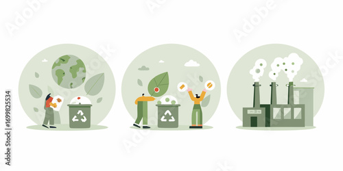 Illustrations showing people recycling and a polluting factory symbolizing environmental issues and solutions