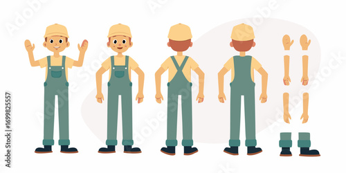 Cartoon male character in overalls and cap with separate body parts for animation and customization
