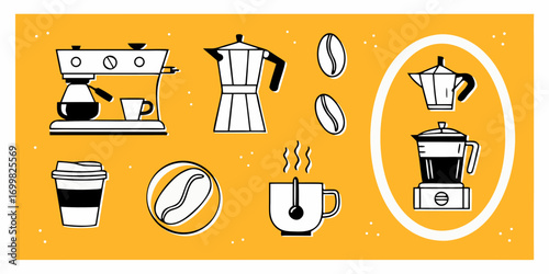 Collection of stylized coffee making equipment and elements on a yellow background