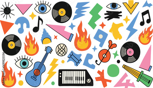 Vibrant collection of retro music and abstract doodle elements.