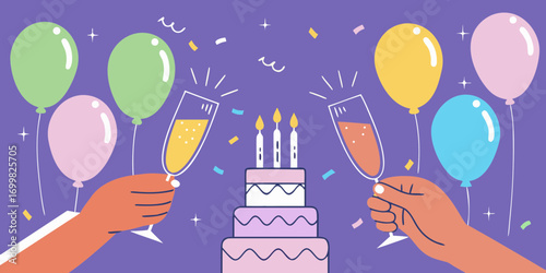 Celebration with a tiered birthday cake champagne flutes and colorful balloons against a purple background with confetti