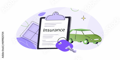 Car insurance policy document with a car key and a green automobile illustration
