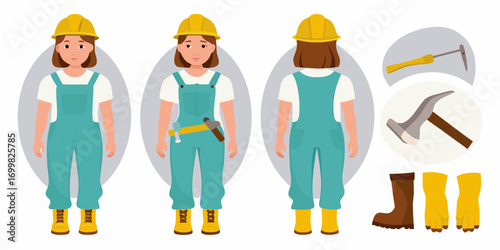 Female construction worker in overalls and hard hat shown from front side and back with tools and protective gear