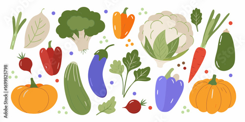 A vibrant collection of fresh healthy vegetables arranged in a playful flat design style