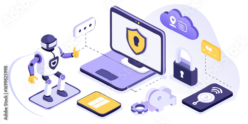 Robot and technology elements illustrating cybersecurity and data protection concepts with a secure cloud and digital lock