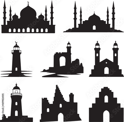 Silhouette icons of mosques lighthouses and ancient ruins Keywords: mosque, lighthouse, ruin