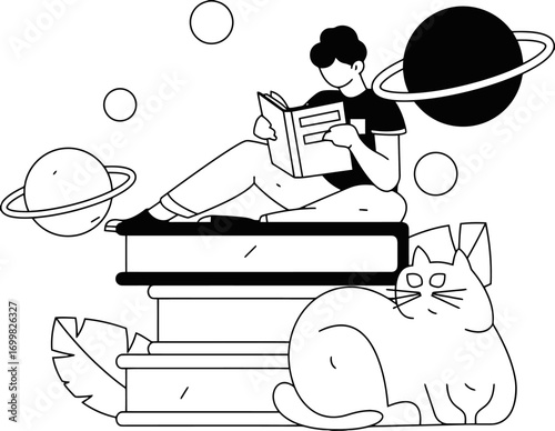 Reading book cat illustration vector design education learning study knowledge literature planet space moon stars vector art illustration and png sticker