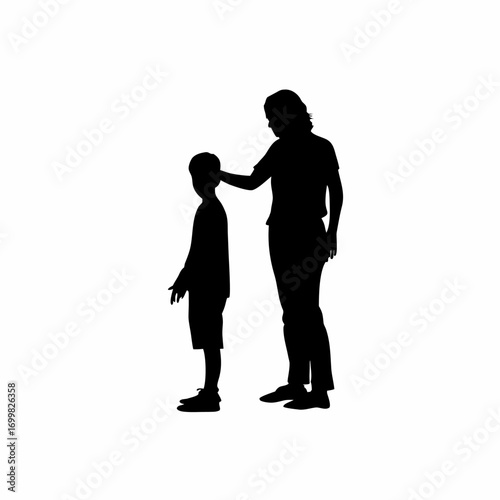 Teacher silhouette protecting child from bullying isolated on white background