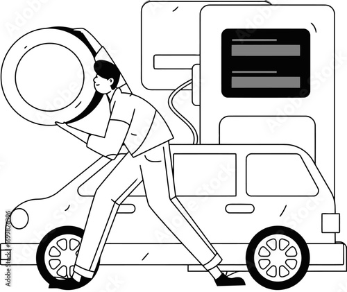 Illustration of car service station with man and vehicle automotive maintenance and repair shop drawing vector art illustration and png sticker