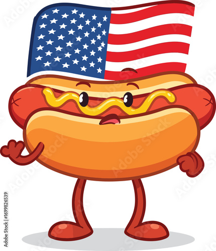 Patriotic American hot dog cartoon character waving while wearing a USA flag hat