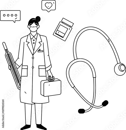 Doctor healthcare medical stethoscope medicine health hospital thermometer clinic treatment case mask care vector art illustration and png sticker