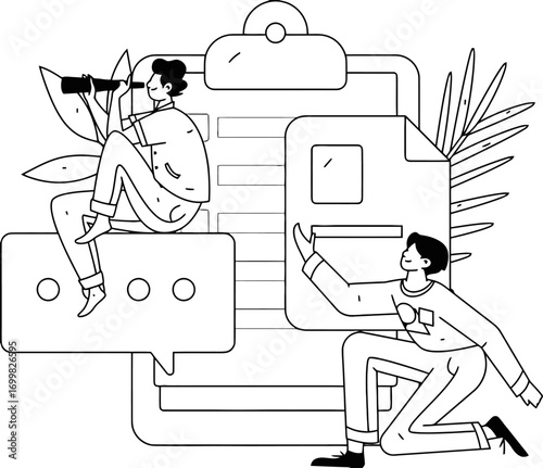 Illustration of business planning strategy teamwork collaboration communication management project analysis data report vector art illustration and png sticker
